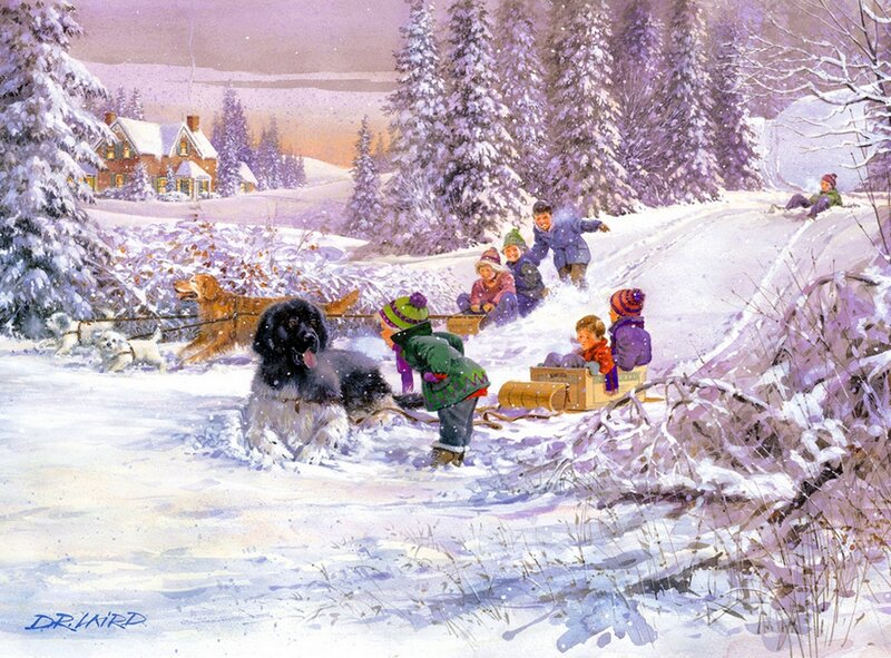Children Sledding in Snow — White, Festive, Winter, Illustration, Dogs