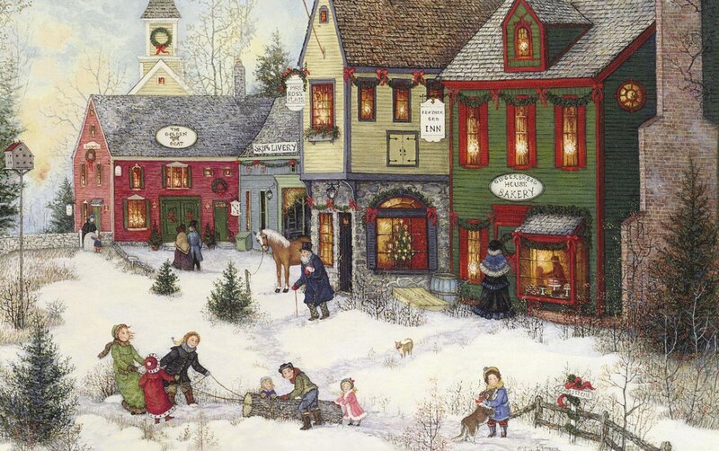 Children Sledding in Snow — White, Festive, Winter, Illustration, Houses