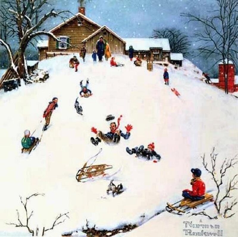 Children Sledding in Snow — White, Festive, Winter, Illustration
