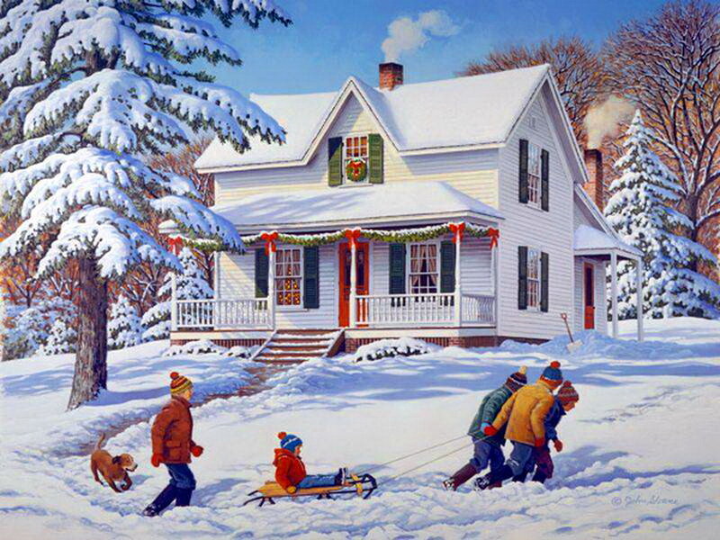 Children Sledding in Snow — White, Festive, Winter, Painting, House