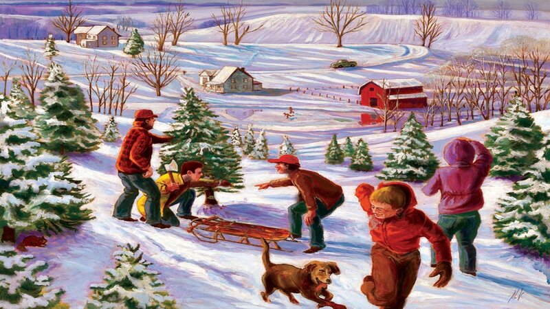 Children Sledding in Snow — White, Joyful
