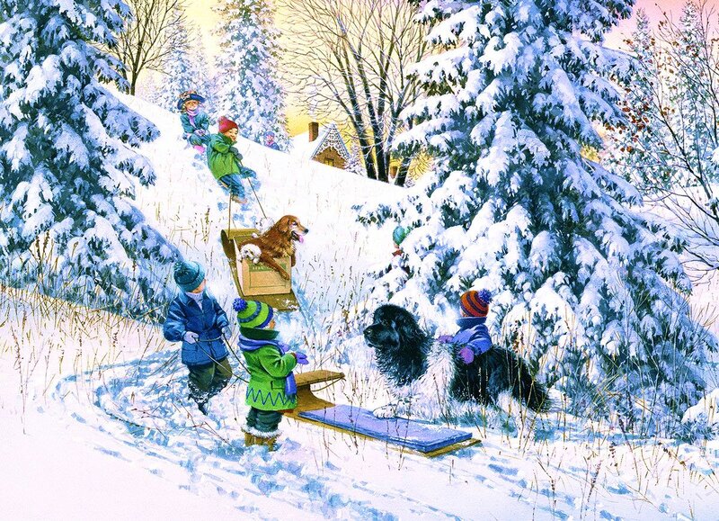 Children Sledding in Snow — White, Joyful, Winter, Illustration