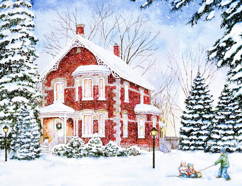 Children Sledding in Snow — White, Peaceful, Winter, Illustration, House