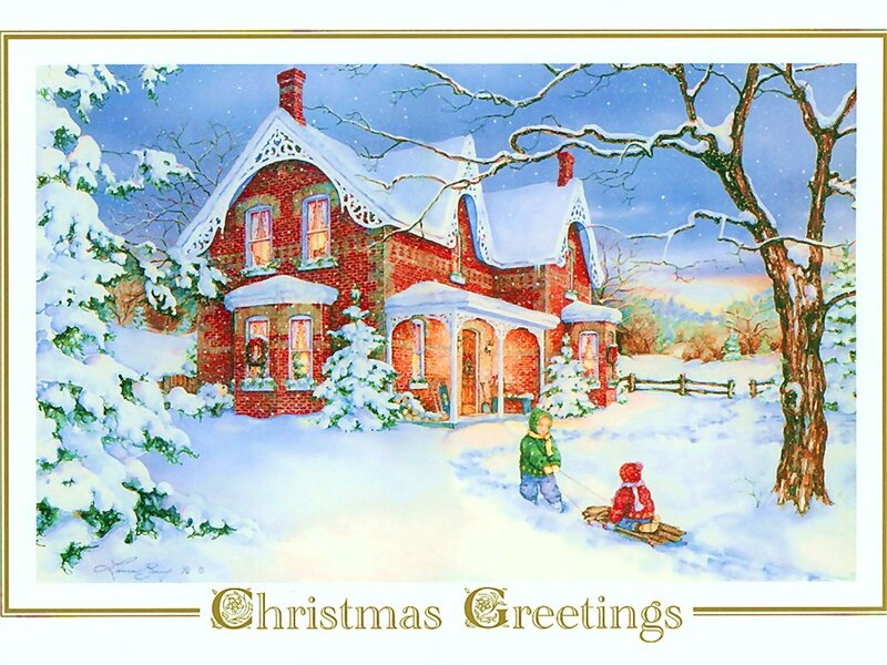 Children Sledding in Snow — White, Peaceful, Winter, Illustration