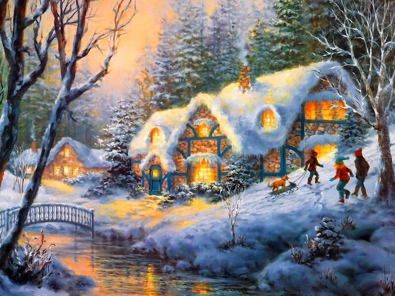 Children Sledding in Snow — White, Peaceful, Winter, Painting, Dog, Cottage