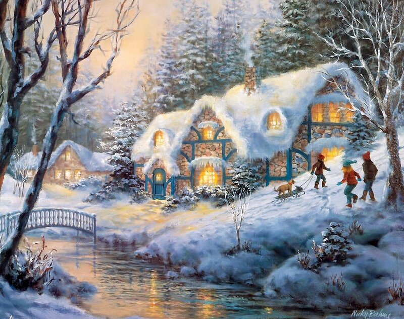 Children Sledding in Snow — White, Peaceful, Winter, Painting, Dog