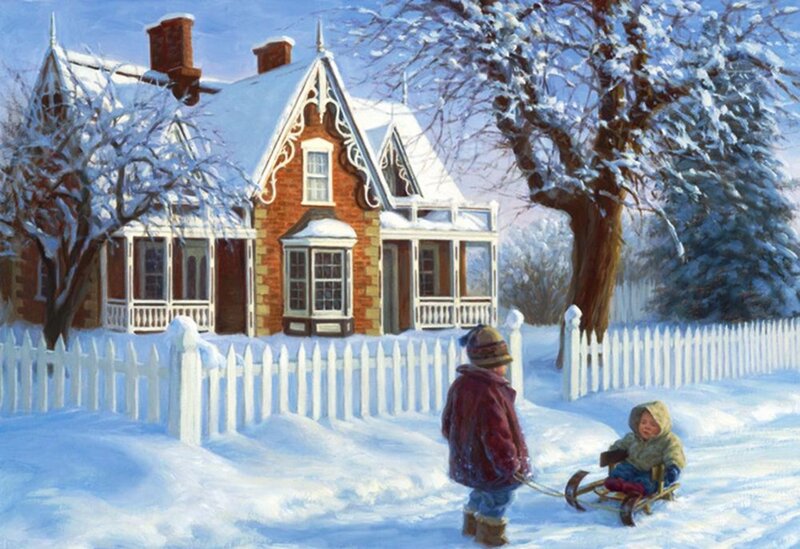 Children Sledding in Snow — White, Peaceful, Winter, Painting, House