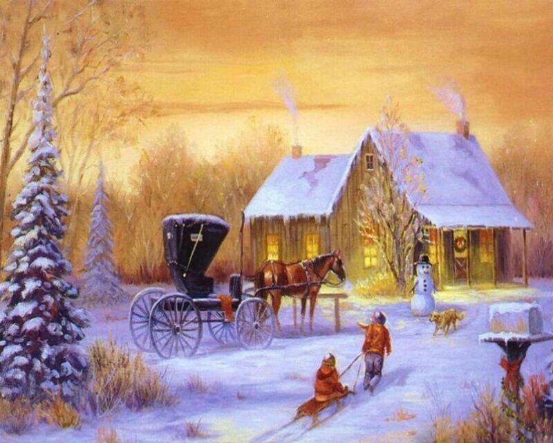 Children Sledding in Snow — Yellow, Peaceful