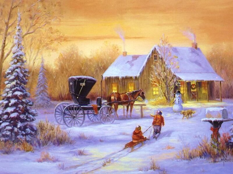 Children Sledding in Snow — Yellow
