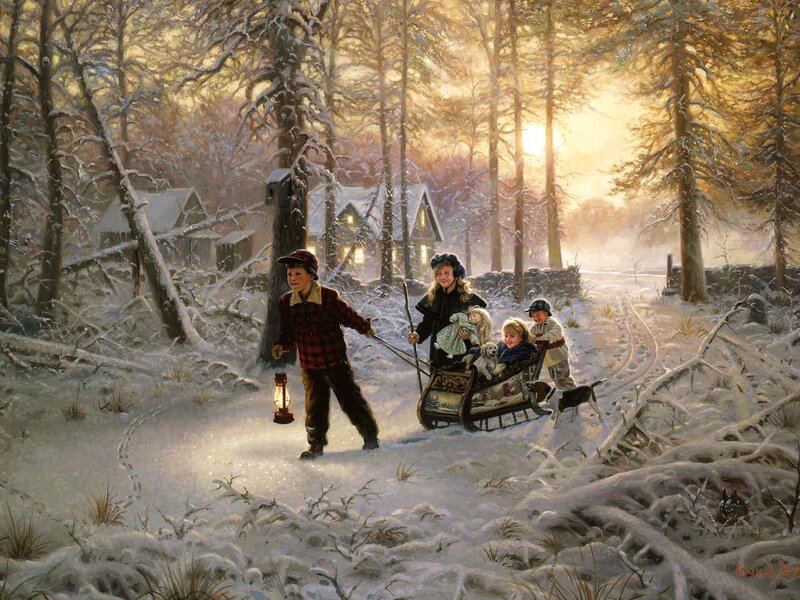 Children sledding in snowy forest