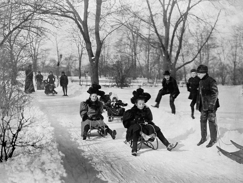 Children sledding in winter park
