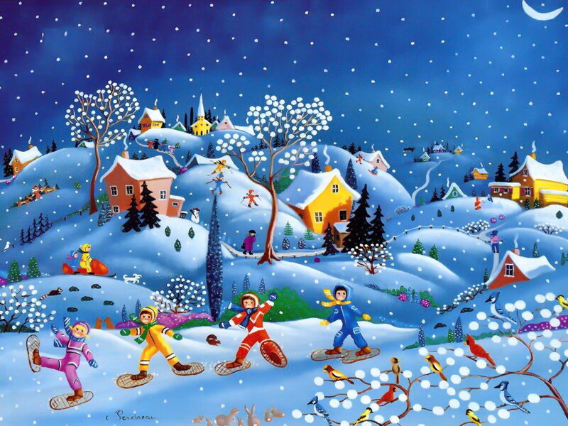 Children Snowshoeing — Blue, Festive