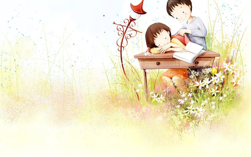 Children studying in a field