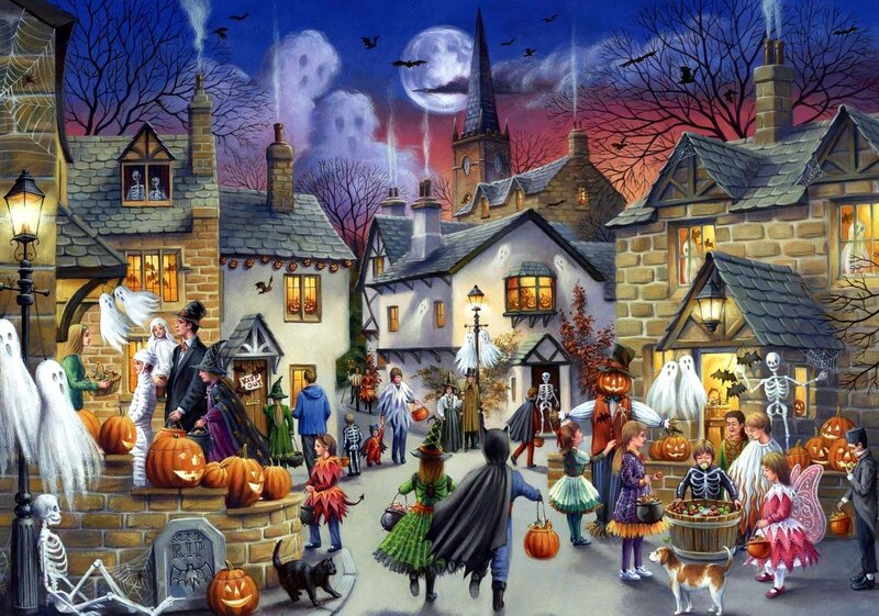 Children Trick-or-treating — Blue, Festive, Night, Illustration