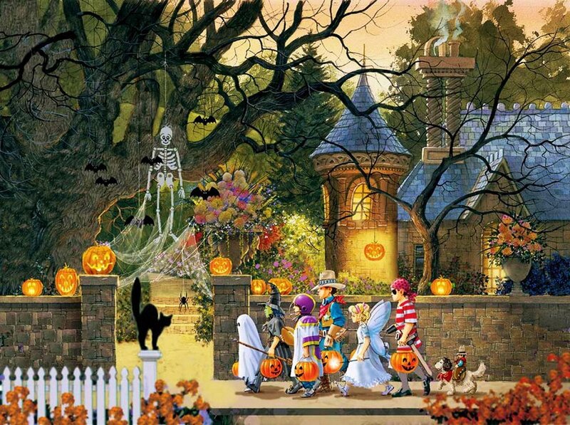 Children Trick-or-treating — Orange, Festive, Sunset, Illustration