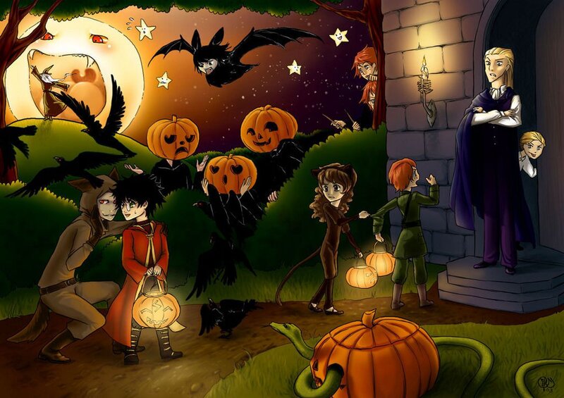 Children Trick-or-treating — Orange, Spooky, Night, Digital Art