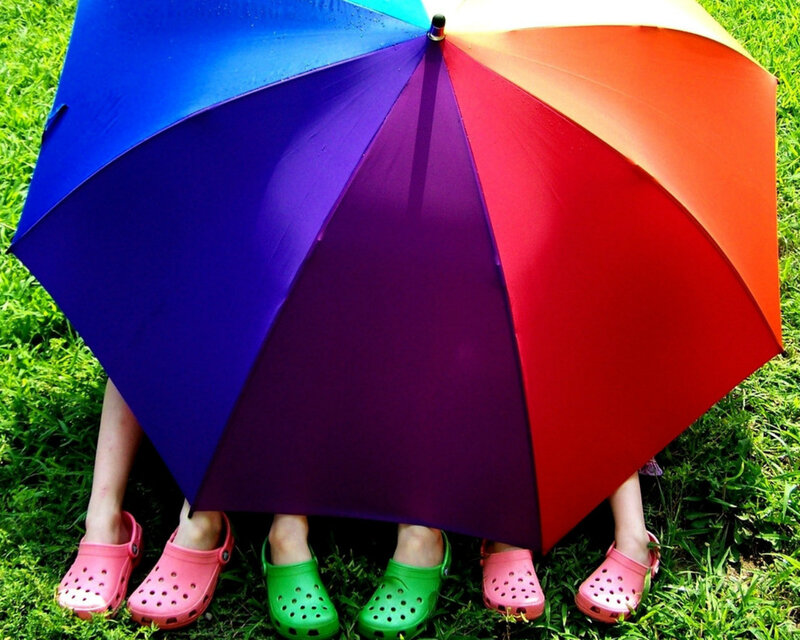 Children under Umbrella — Blue, Playful, Afternoon