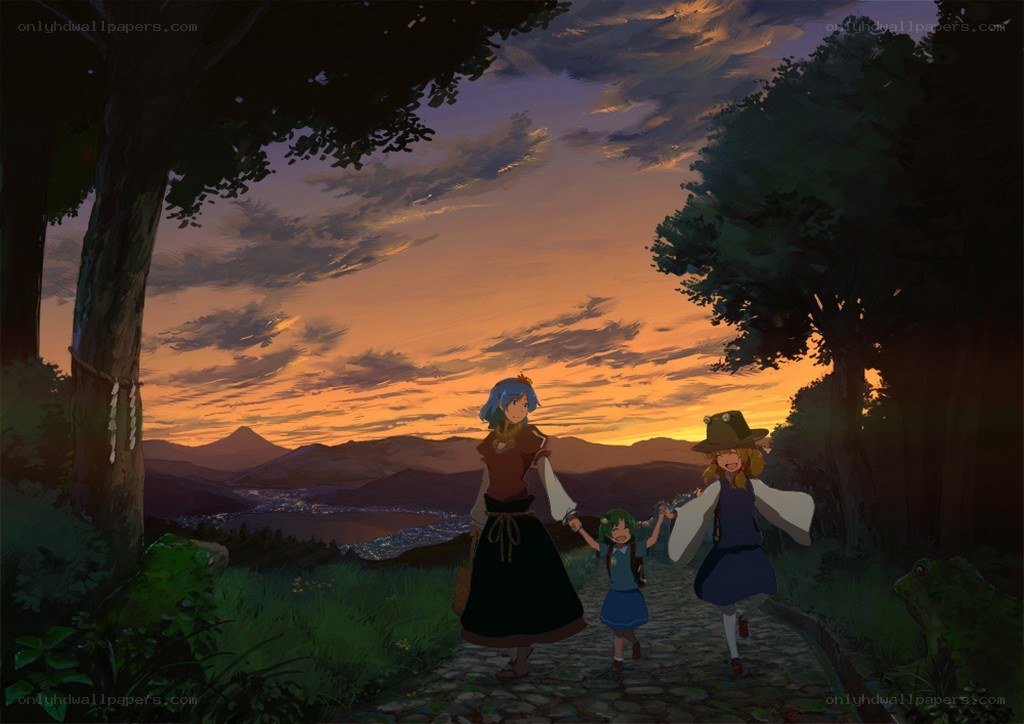 children walking at sunset