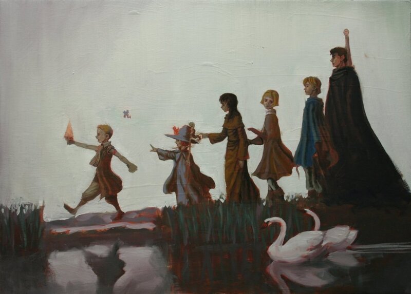 Children walking by a pond