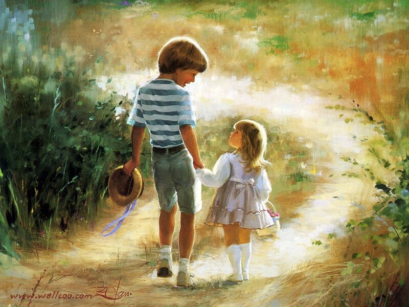 Children walking in a sunlit path