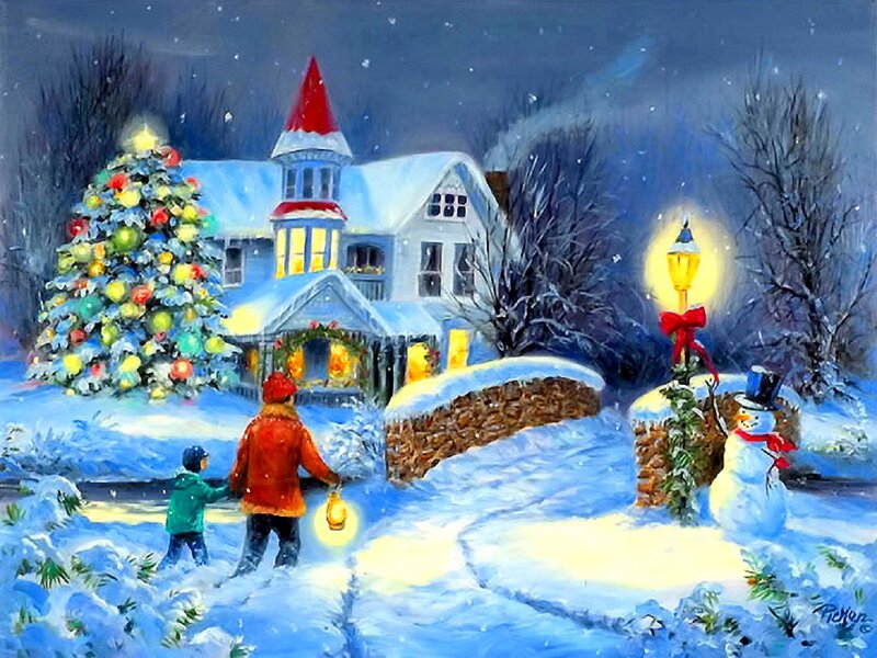 Children Walking in Snow — Blue, Festive, Night