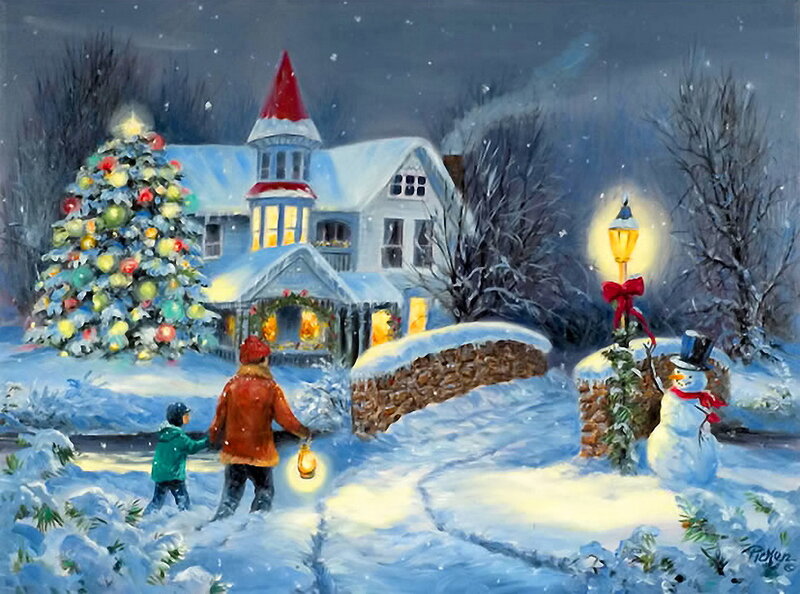 Children Walking in Snow — Blue, Festive
