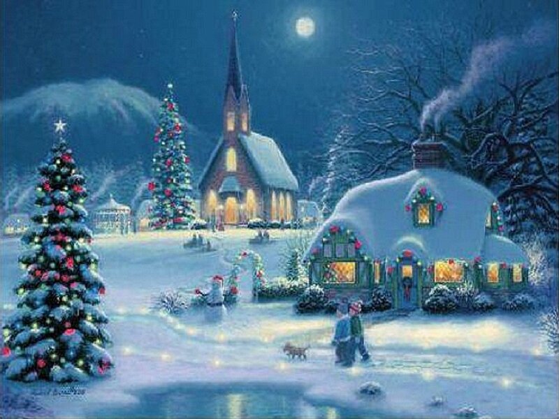 Children Walking in Snow — Blue, Peaceful