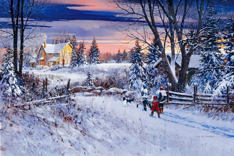 Children Walking in Snow — White, Serene, Winter, Painting, House