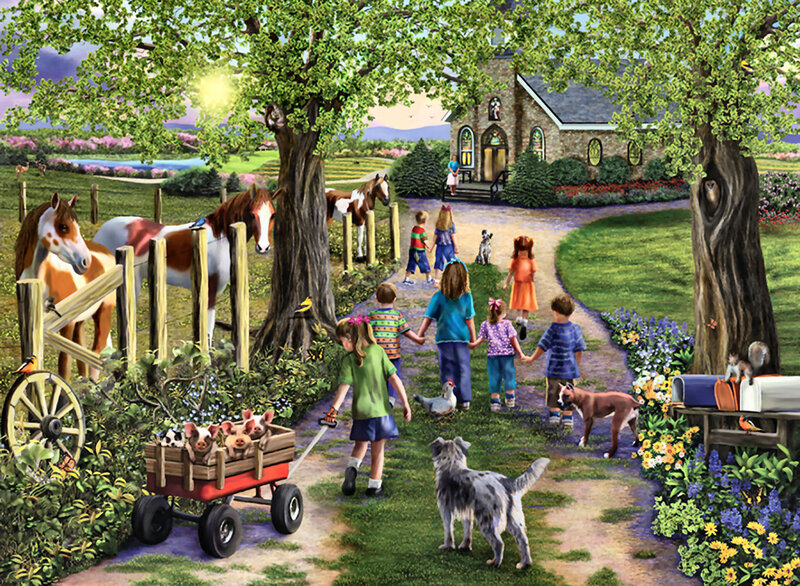 Children Walking to Church — Green