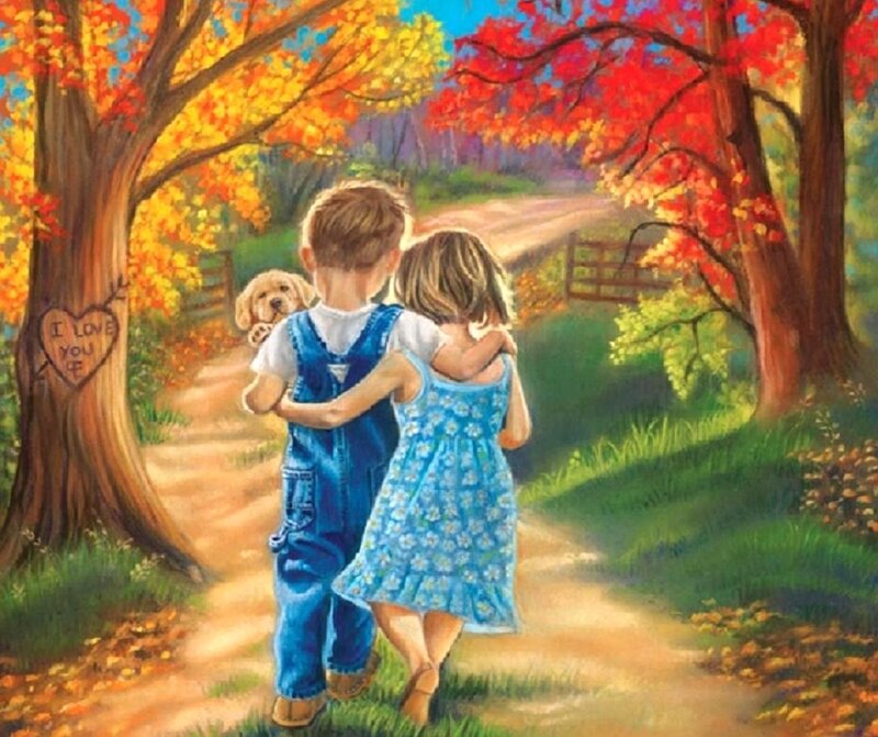 Children Walking with Dog