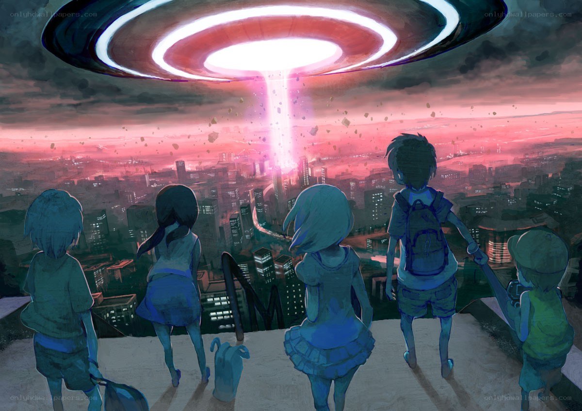 Children watch alien invasion