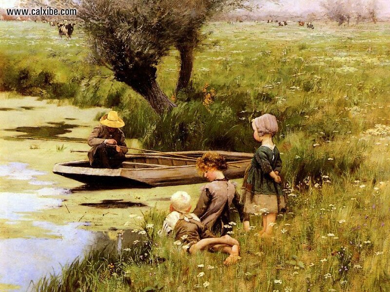 Children watching a boat on a river