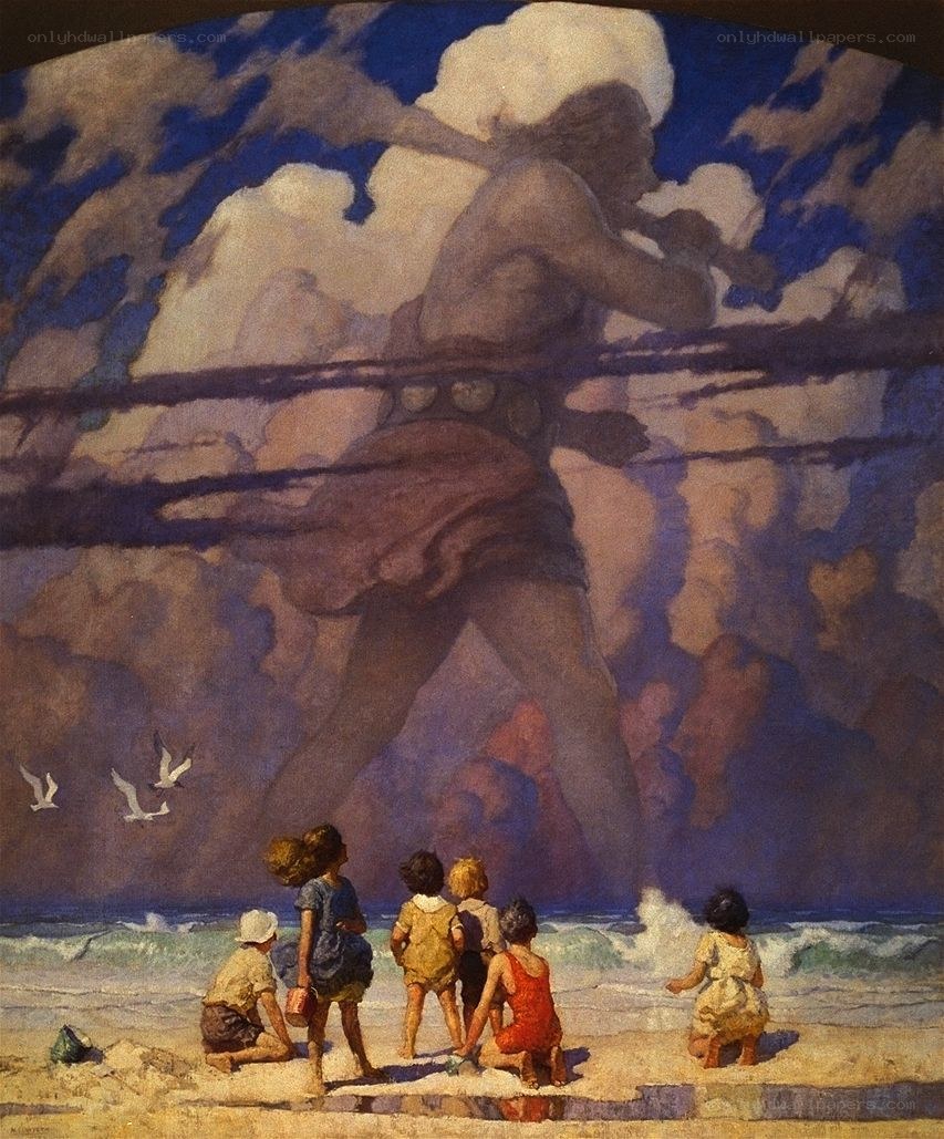 Children watching a giant