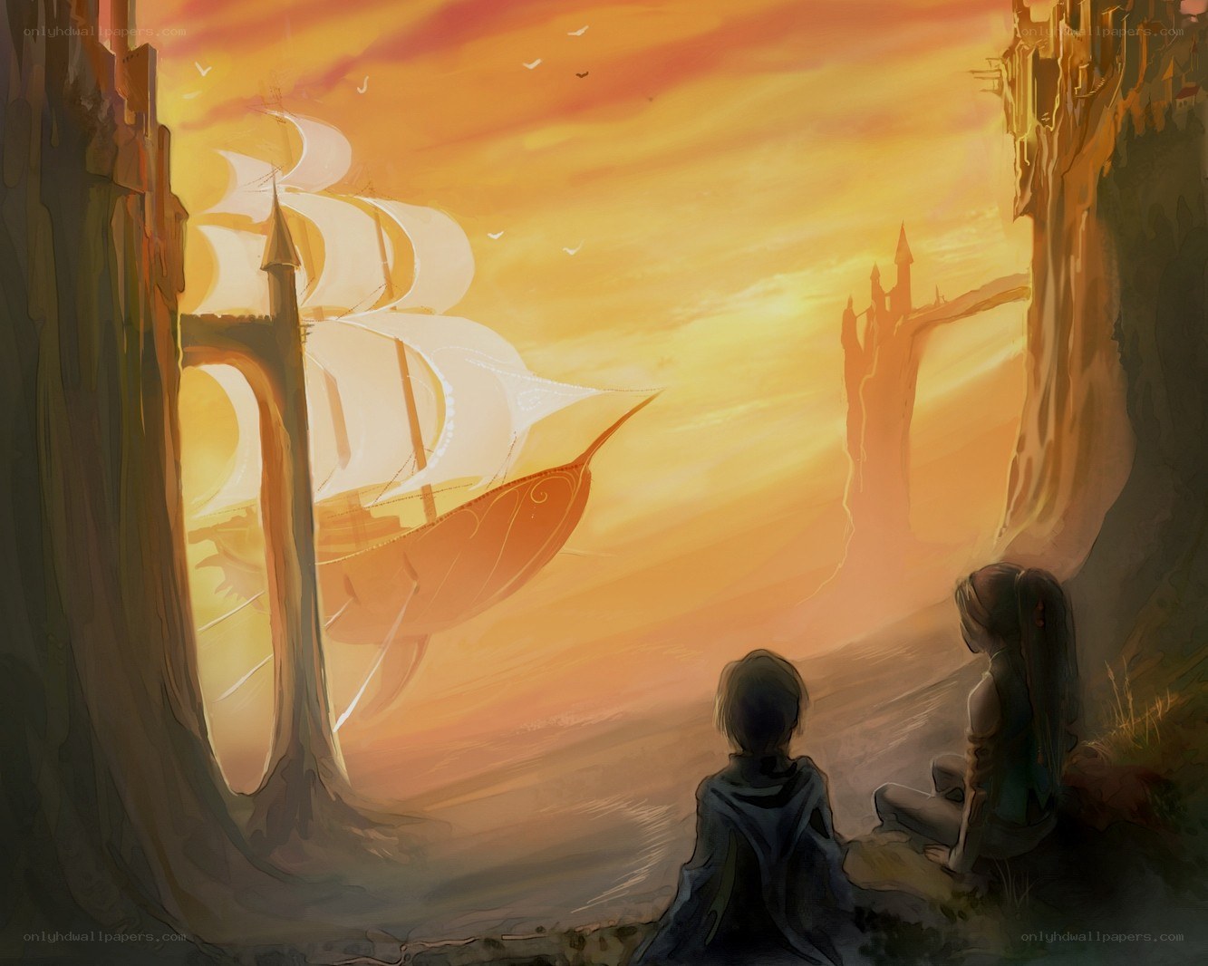 Children watching a ship at sunset