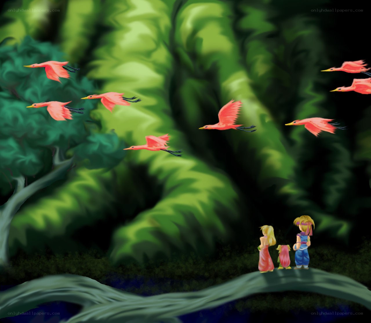 children watching birds fly