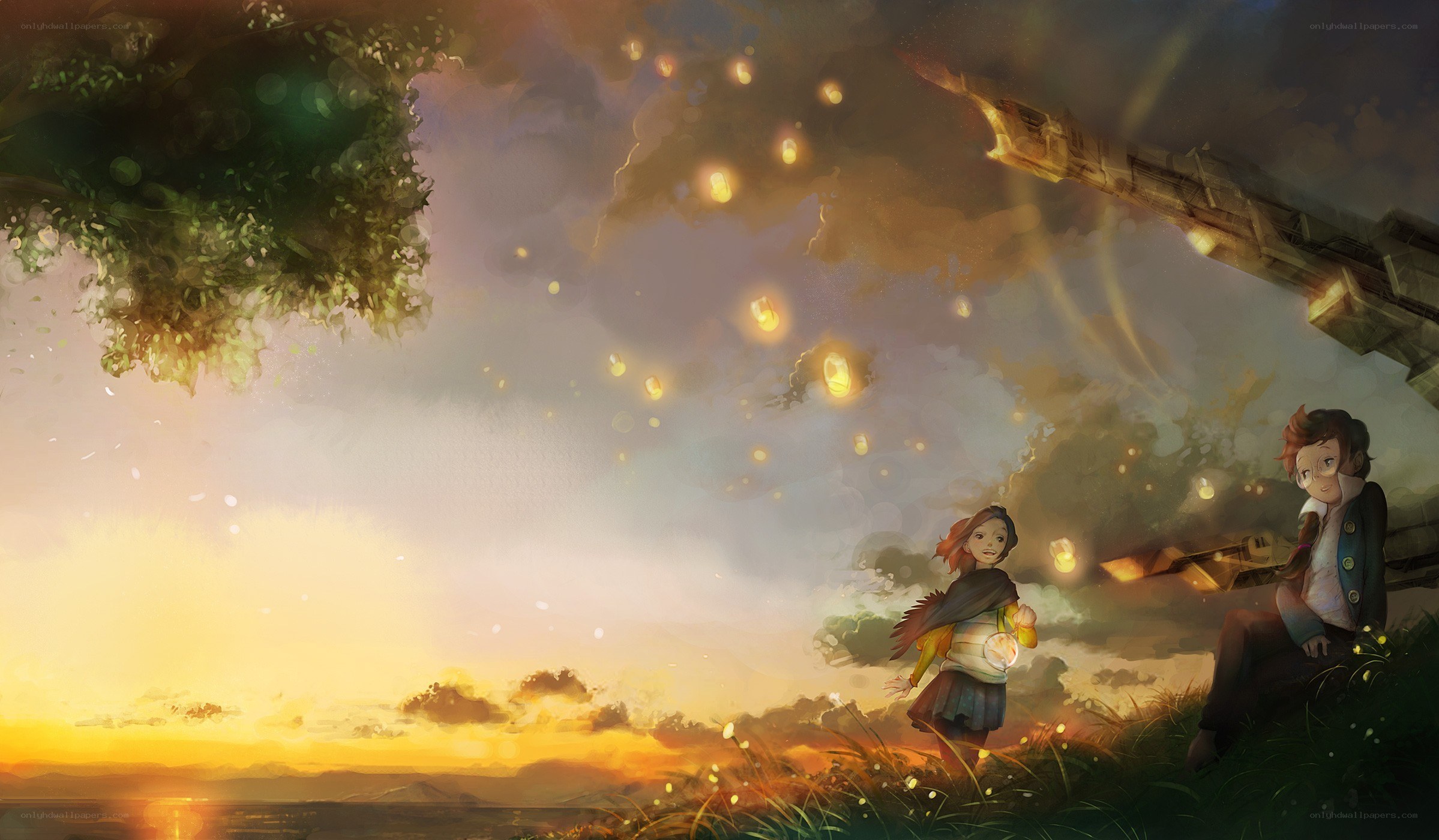 Children watching lanterns at sunset