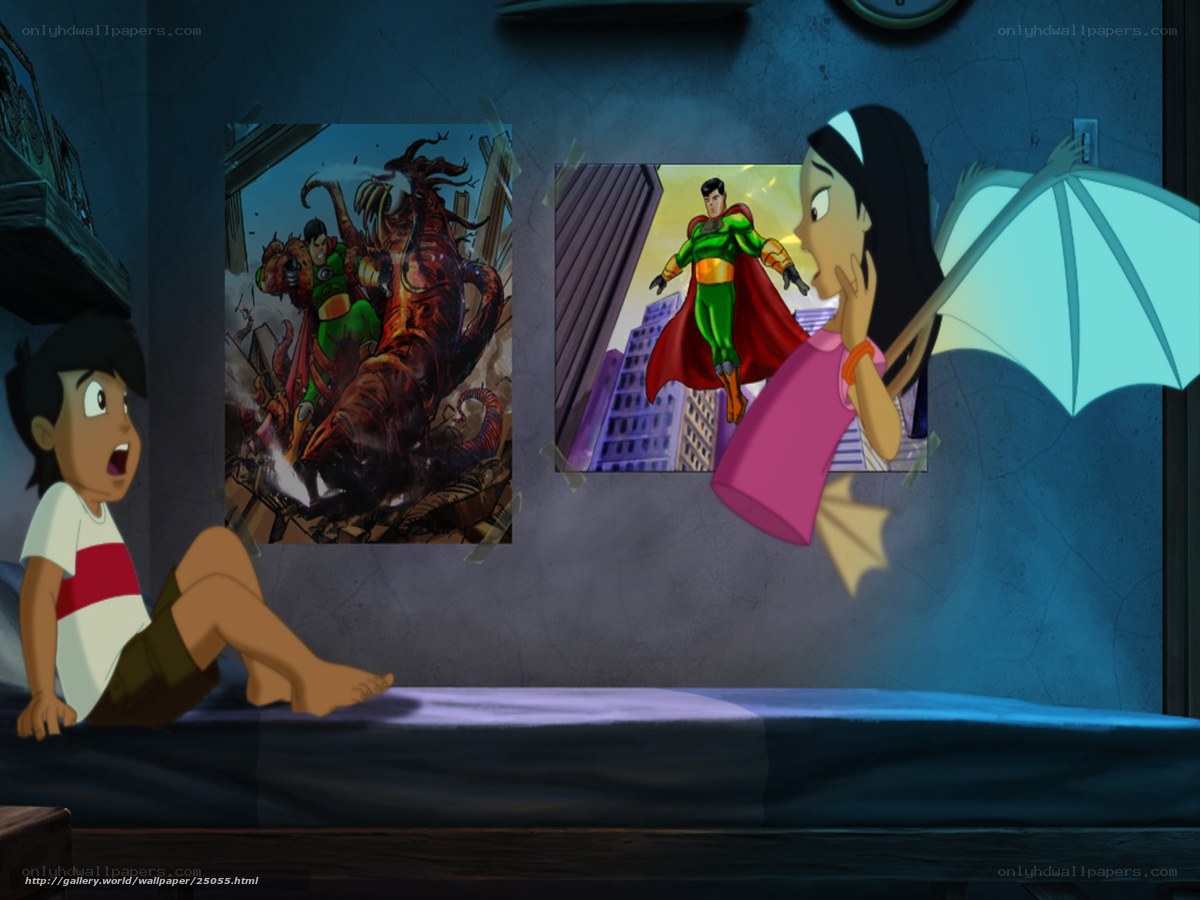 Children watching superhero posters