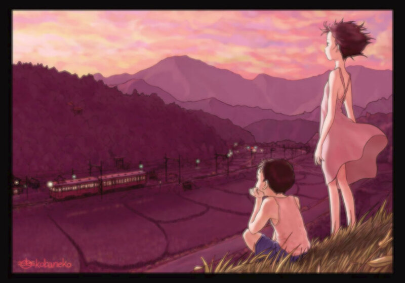 Children watching train at sunset