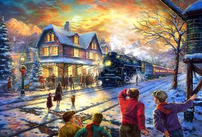 Children Watching Train — Blue, Festive