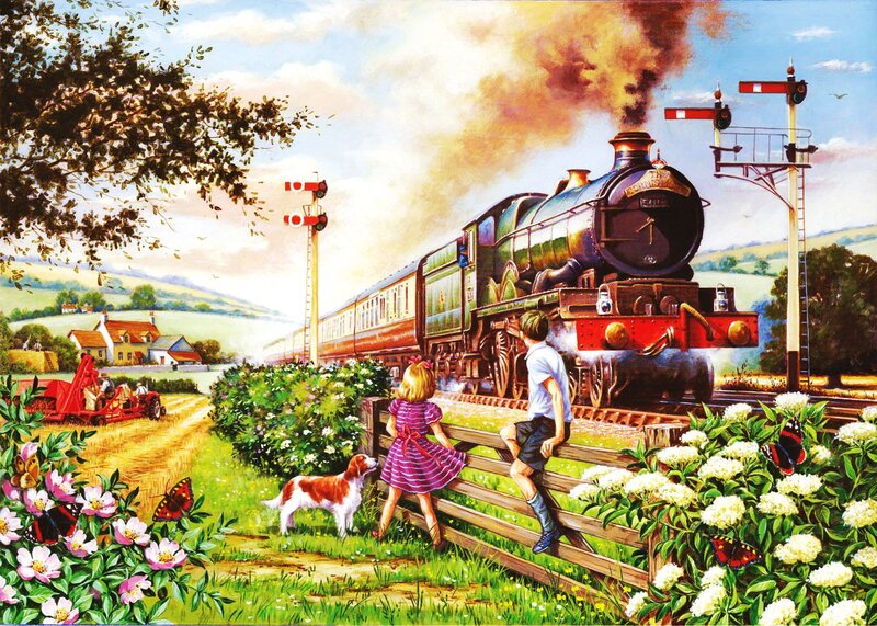 Children Watching Train — Green, Serene
