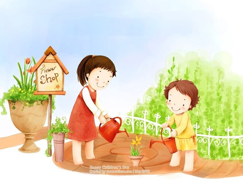 children watering flowers