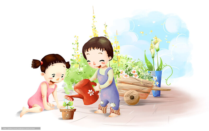 Children Watering Plants — Blue