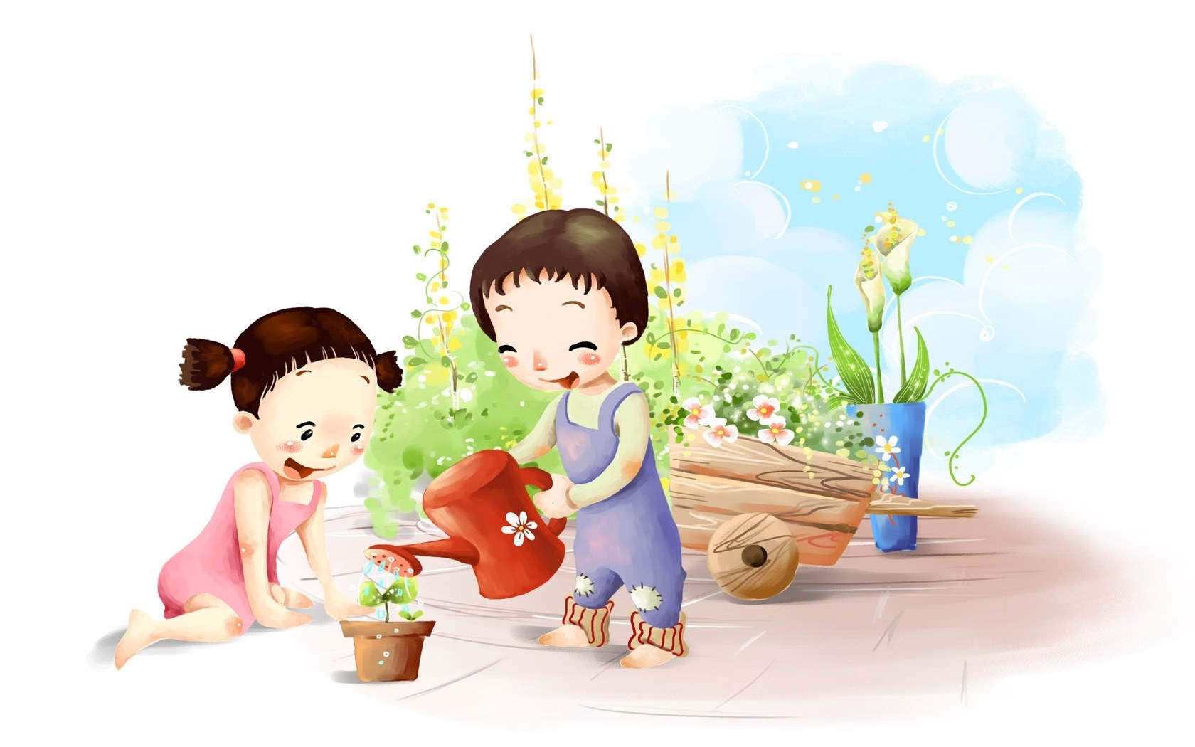 Children watering plants