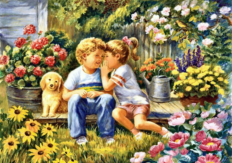 Children Whispering in Garden