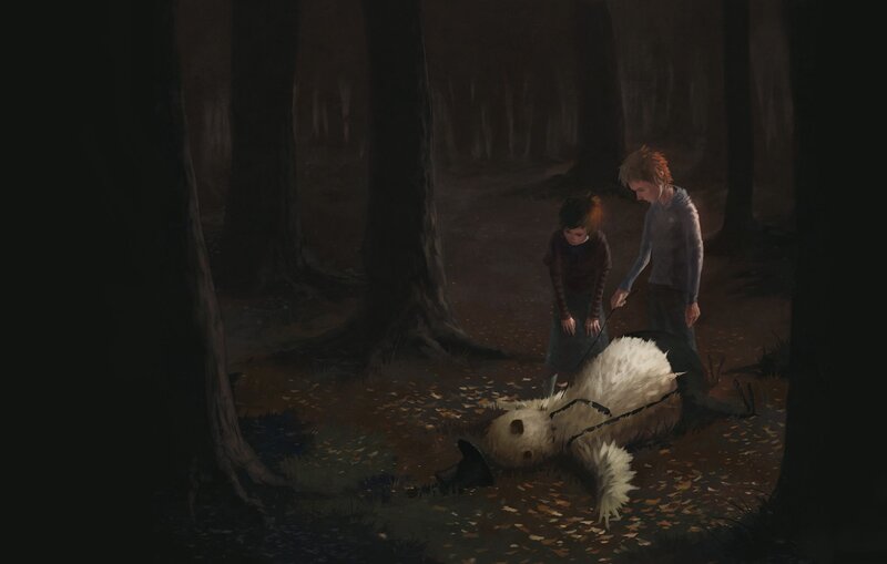 Children with a fallen creature