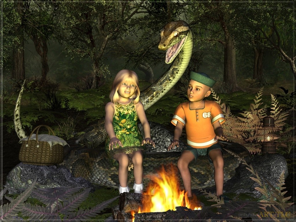 Children with a giant snake