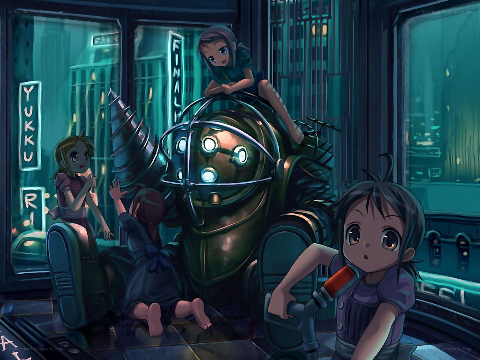 Children with a robot in a city
