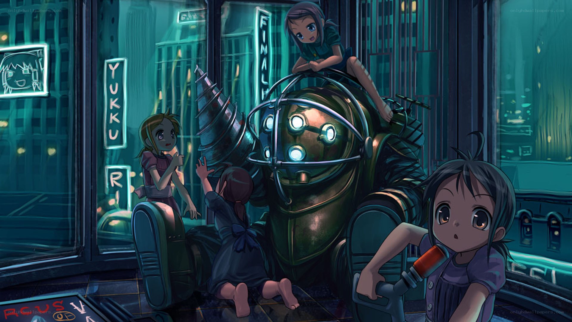 Children with a robot in a city