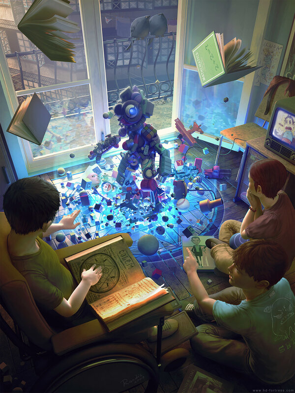 Children with a robot in a magical room
