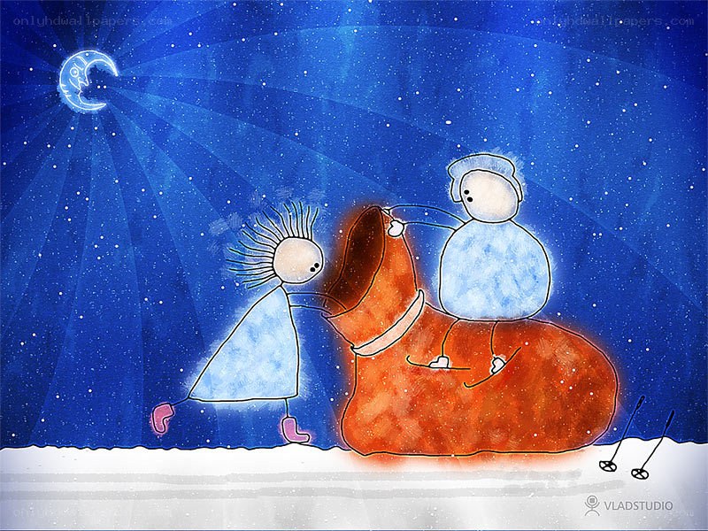 Children with a snowman at night